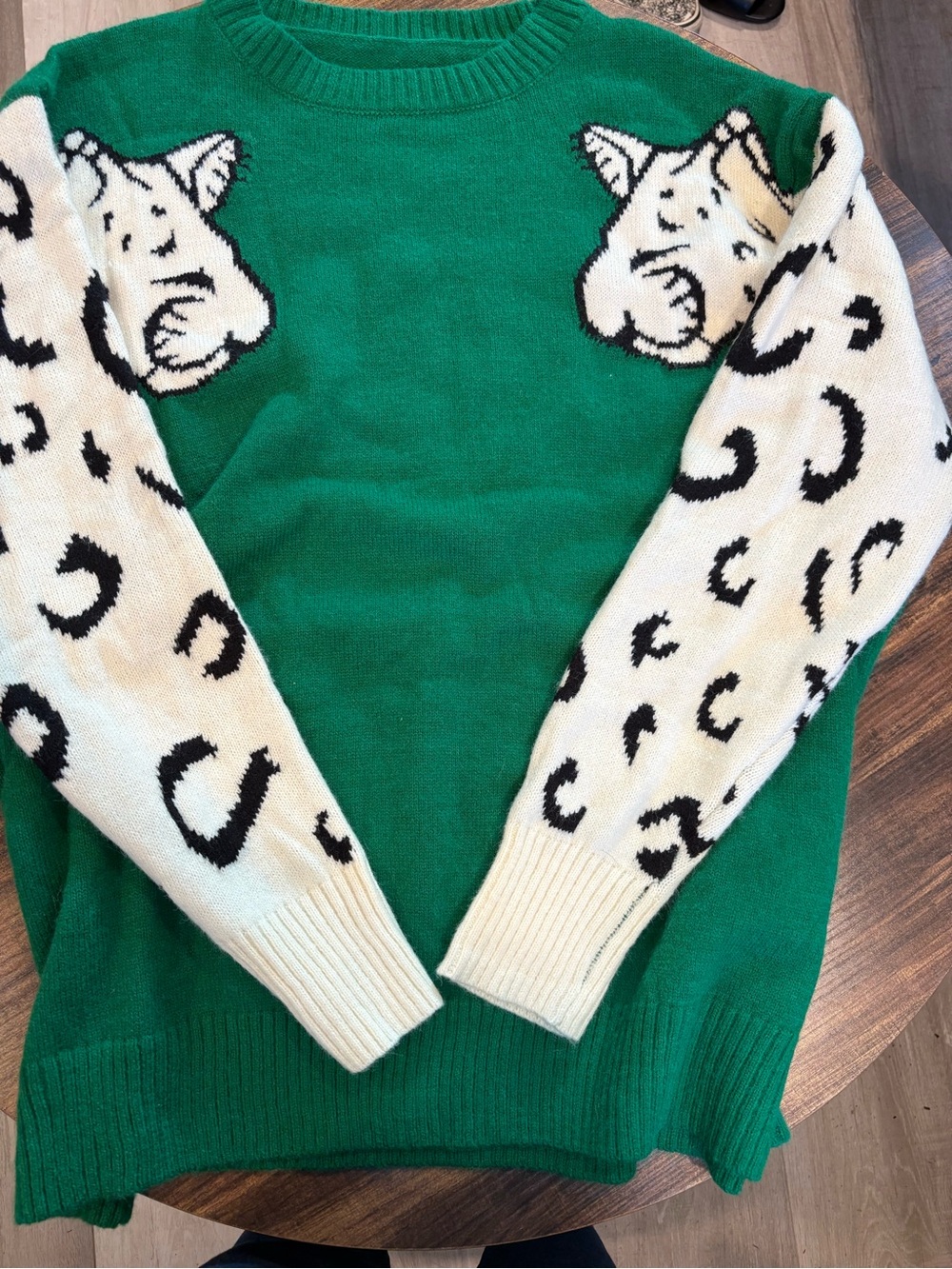 Green Crewneck Sweater with White Leopard-Print Sleeves